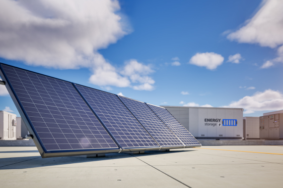 A large array of commercial solar panels installed on a flat rooftop against a bright blue, cloudy sky.