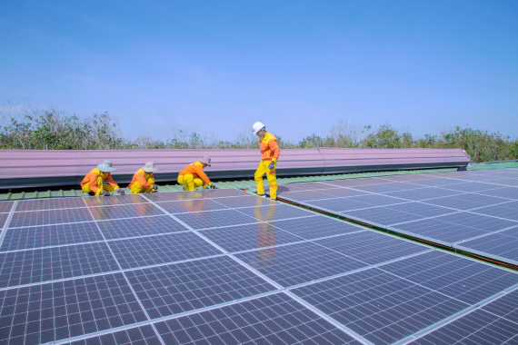 Workers in safety gear performing checks on rows of utility-scale solar panels in a sunny field.