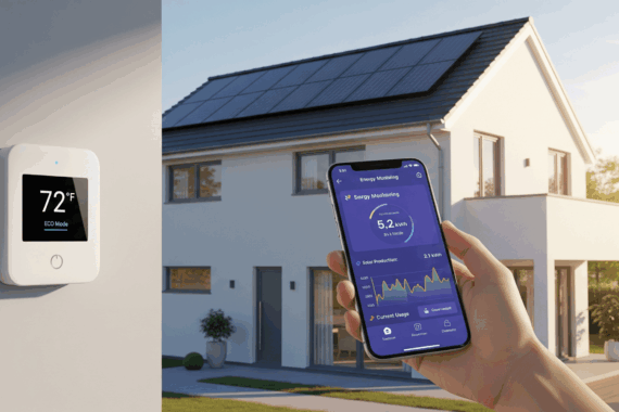 A hand holding a smartphone displaying a smart home energy monitoring app, with a white thermostat and solar-equipped house in the background.