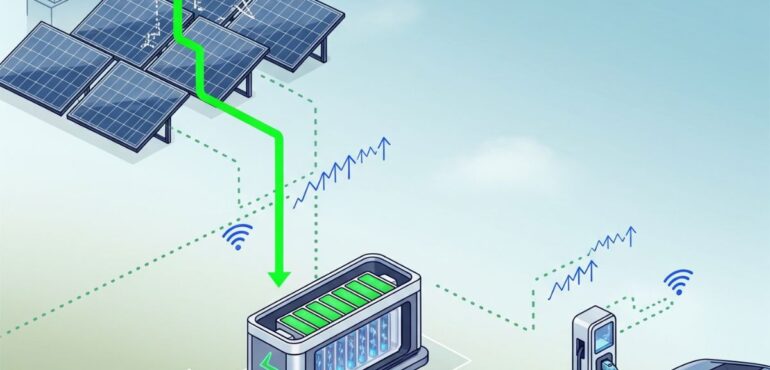 The integration of solar energy generation, battery storage, and EV charging infrastructure.