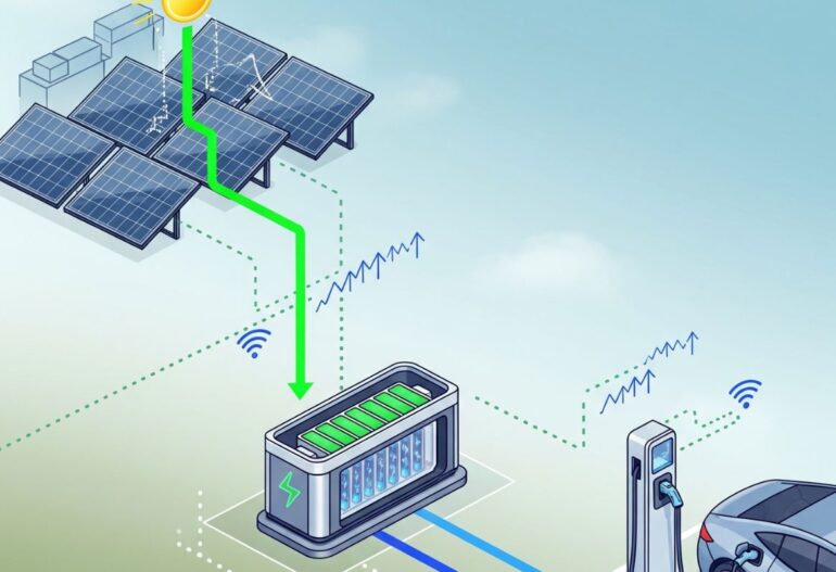 The integration of solar energy generation, battery storage, and EV charging infrastructure.