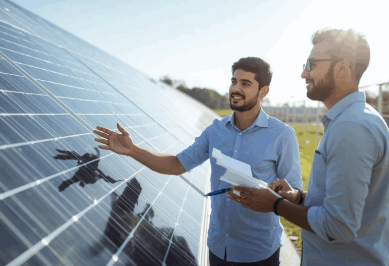 Two men, possibly a client and an engineer, reviewing and pointing at solar panels in an outdoor array.