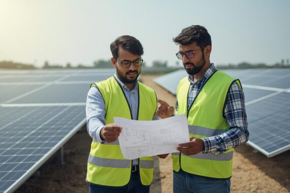 Two solar technicians or engineers reviewing blueprints while inspecting a ground-mounted solar array.