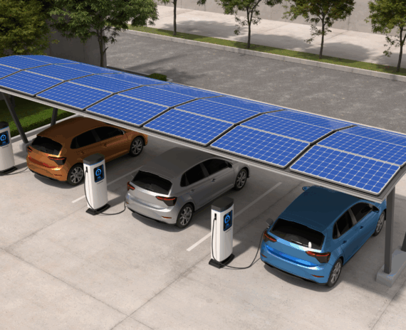 A solar carport providing shade and power for multiple electric vehicle (EV) charging stations.