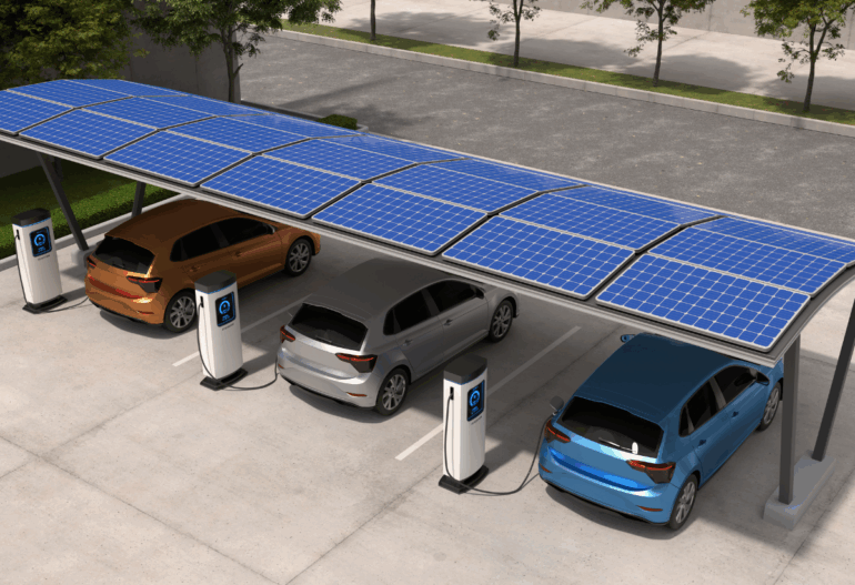 A solar carport providing shade and power for multiple electric vehicle (EV) charging stations.