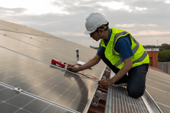 A worker in a safety vest and hard hat performing inspection and maintenance on a rooftop solar panel array.