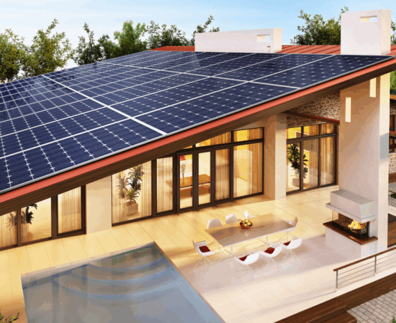 Solar panels installed on the dark-tiled roof of a modern, stylish residential home.