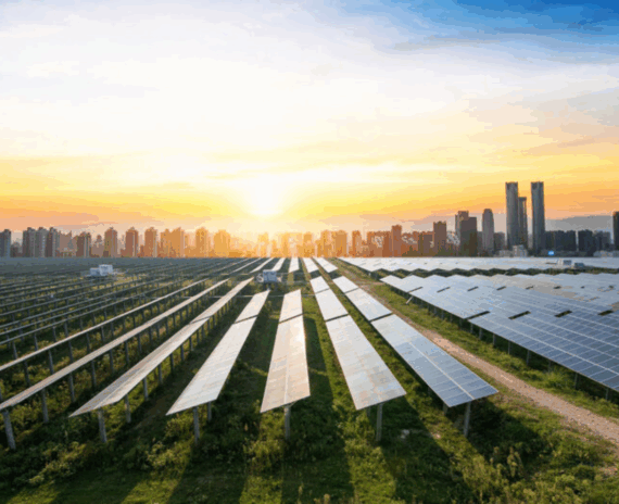 Expansive utility-scale solar farm with countless rows of panels, bathed in the light of a rising or setting sun, with a city visible in the distance.