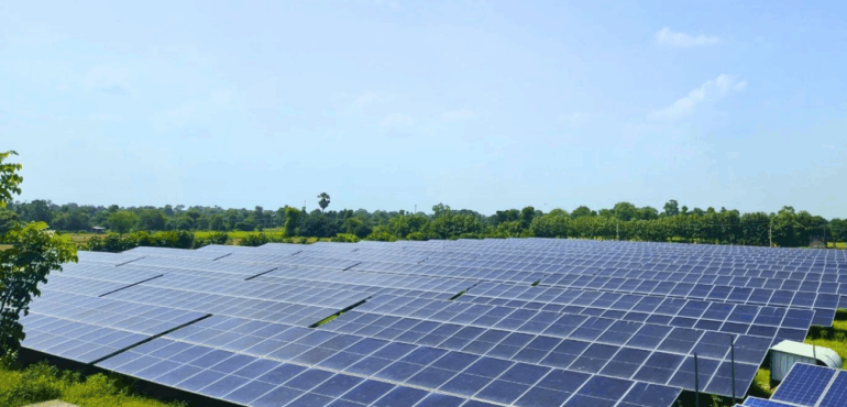 Large array of dark blue, ground-mounted solar panels stretching across a flat, green field under a clear blue sky.