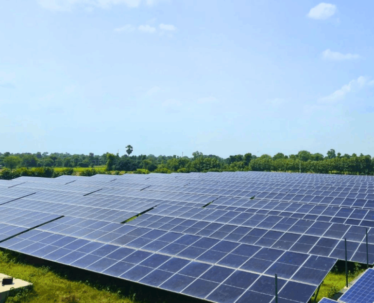 Large array of dark blue, ground-mounted solar panels stretching across a flat, green field under a clear blue sky.