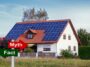 Traditional-style home with rooftop solar panels and a small red 'Myth' sign in the foreground