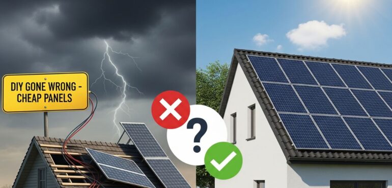 A graphic contrasting a solar mistake (storm) with the correct, safe solar installation.