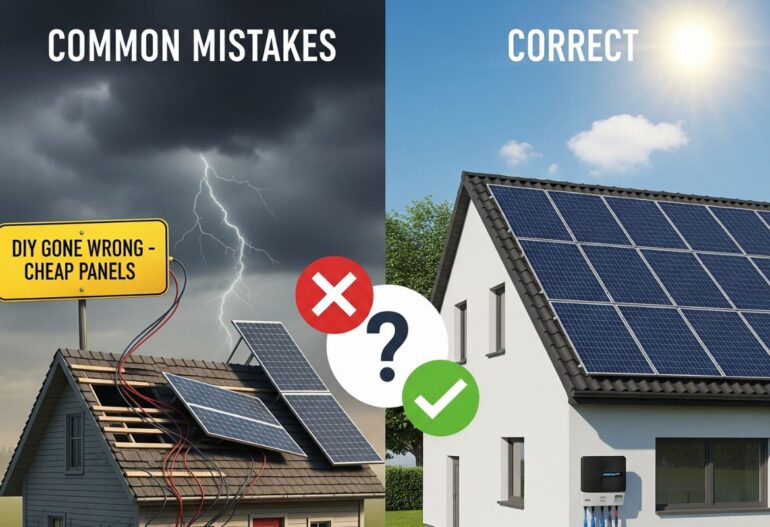 A graphic contrasting a solar mistake (storm) with the correct, safe solar installation.
