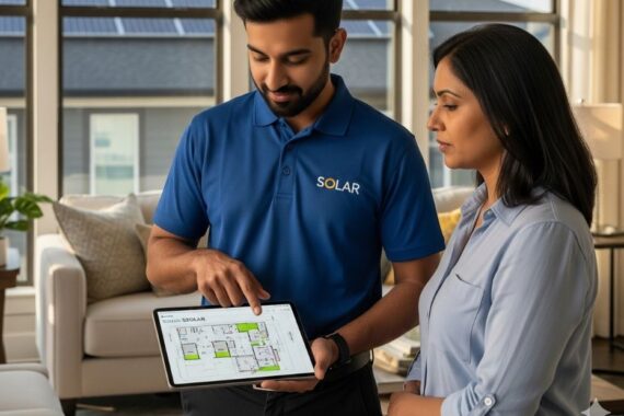 A solar consultant in a blue shirt showing a client solar design plans on a tablet inside a home.