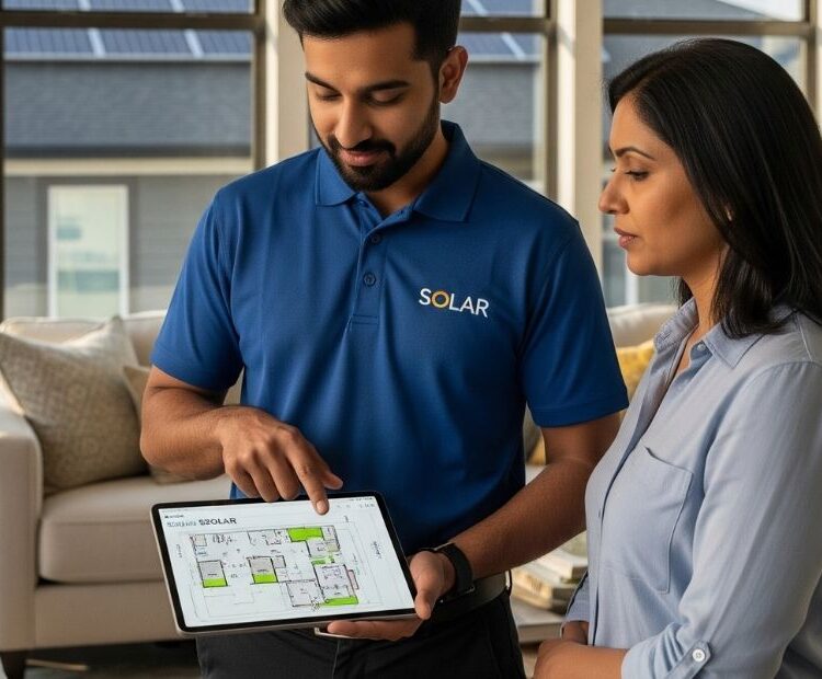 A solar consultant in a blue shirt showing a client solar design plans on a tablet inside a home.
