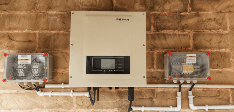 A central solar inverter mounted on a textured brick wall with visible wiring, likely for a commercial or large residential installation.