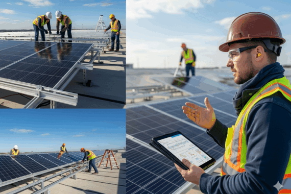 Workers installing solar panels on a flat commercial rooftop, with one foreman reviewing data on a tablet