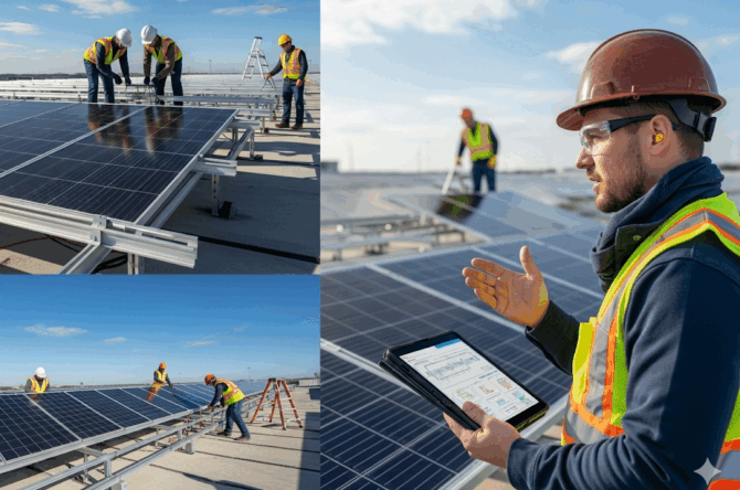 Workers installing solar panels on a flat commercial rooftop, with one foreman reviewing data on a tablet