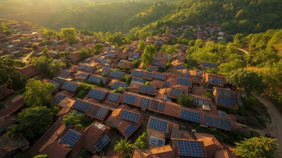 Aerial shot of a sustainable community with numerous individual rooftop solar energy systems.